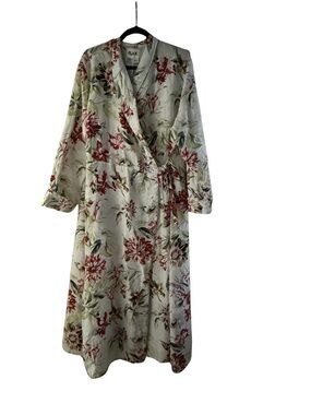 FLAX linen wrap dress cream with red & green floral Print size 1G (US 18-20)